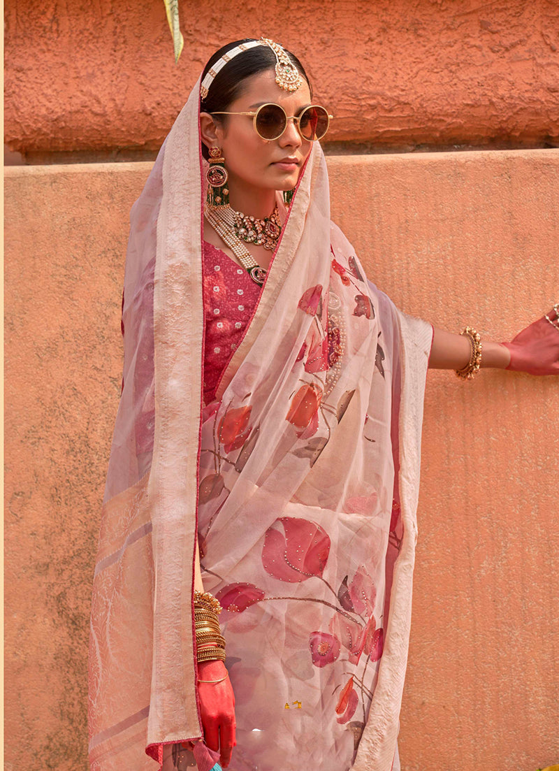 Monjolika Fashion Organza Printed Light Pink Contemporary Saree - Distacart