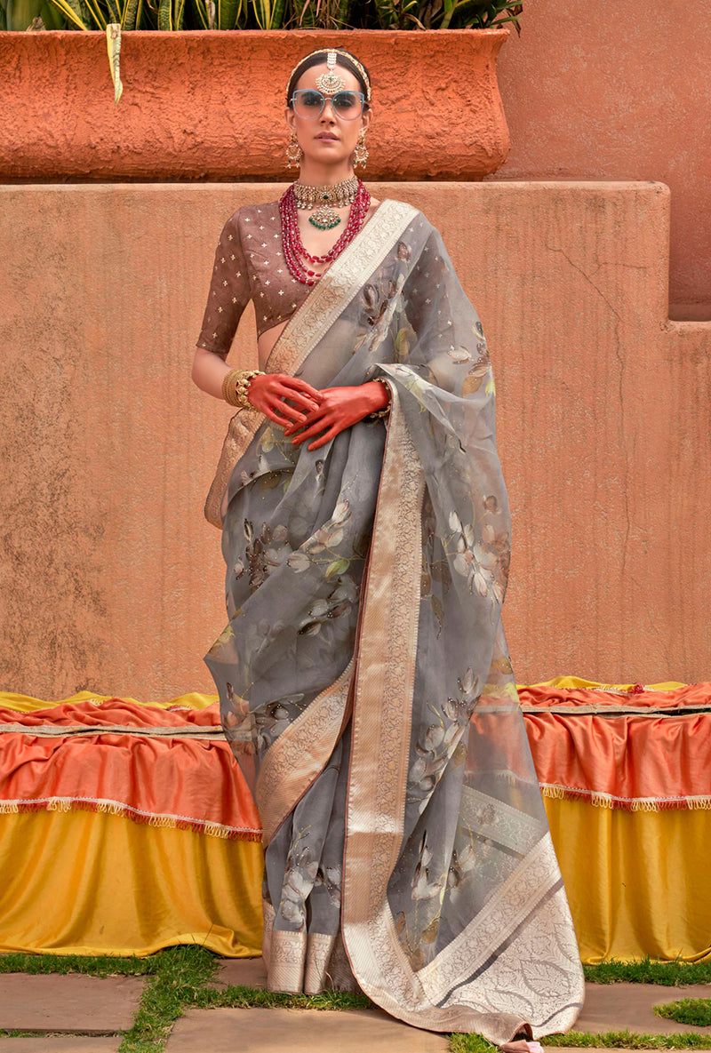 Monjolika Fashion Organza Printed Grey Contemporary Saree - Distacart