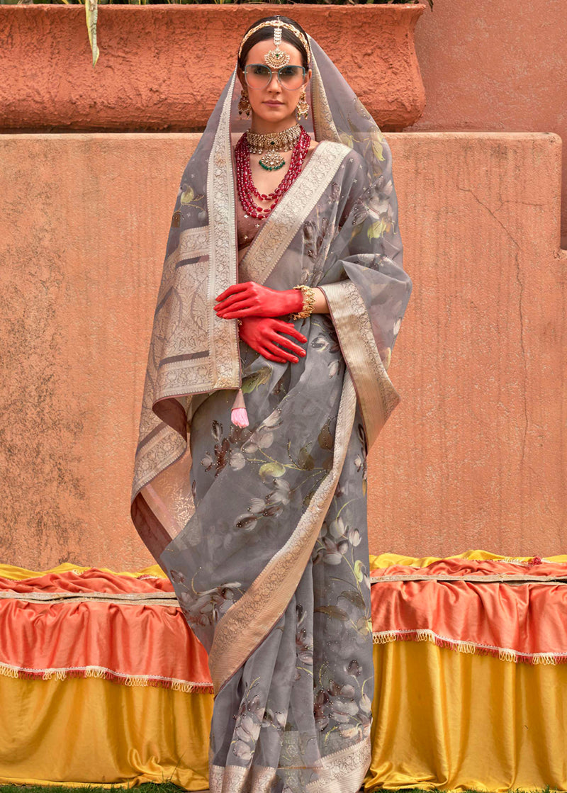 Monjolika Fashion Organza Printed Grey Contemporary Saree - Distacart