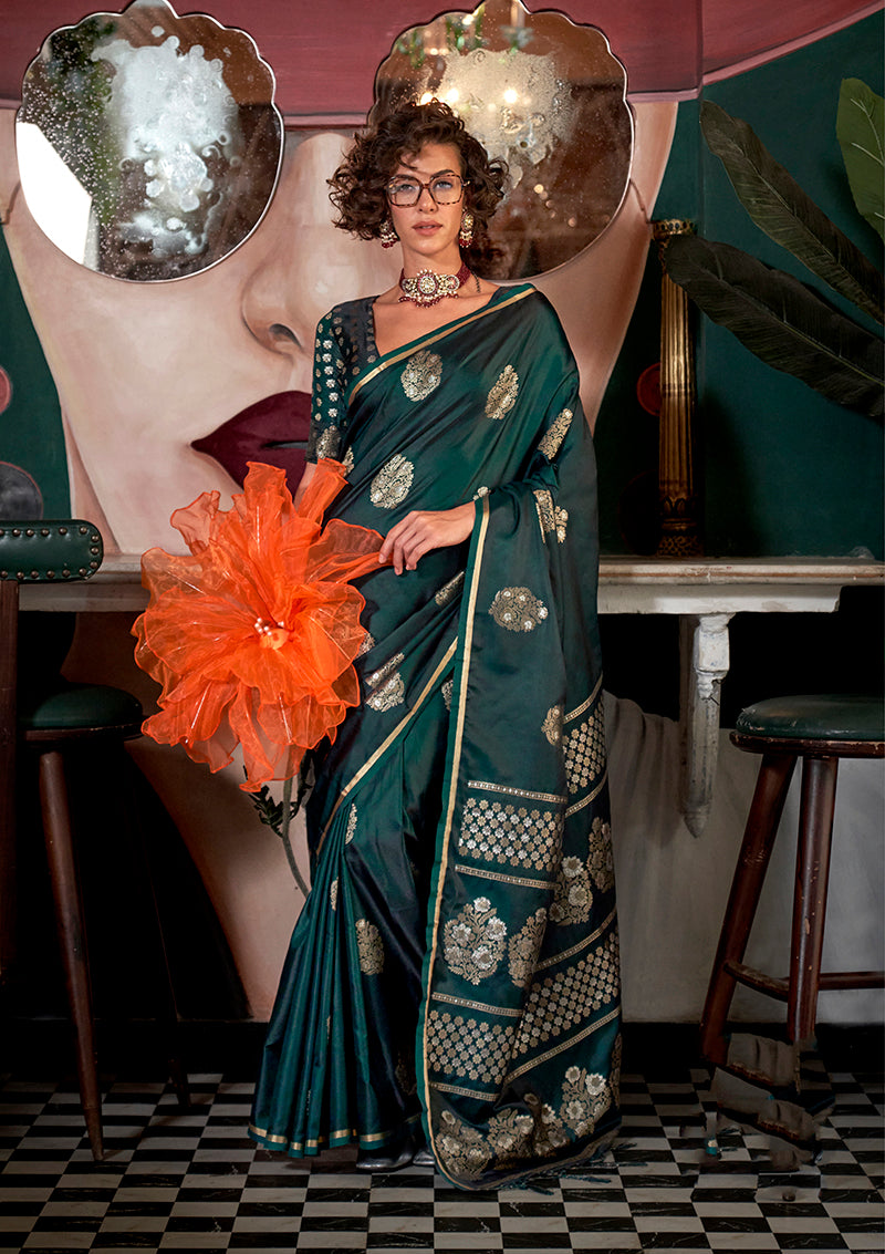 Monjolika Fashion Weaving Zari Pure Satin Silk Traditional Saree In Dark Green