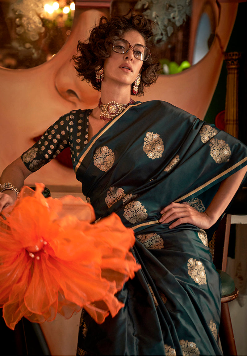 Monjolika Fashion Weaving Zari Pure Satin Silk Traditional Saree In Dark Green