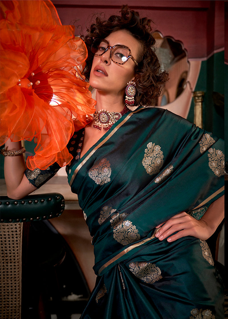 Monjolika Fashion Weaving Zari Pure Satin Silk Traditional Saree In Dark Green