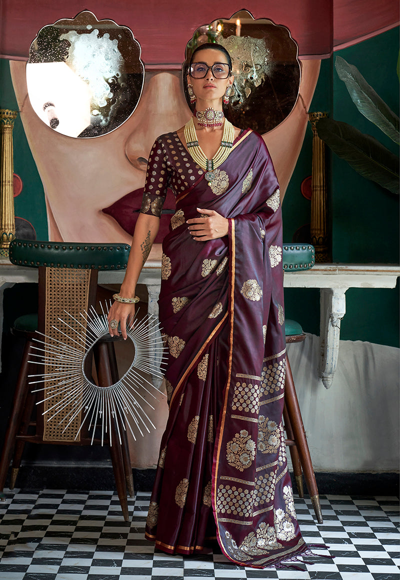 Monjolika Fashion Wine Weaving Zari Pure Satin Silk Designer Saree - Distacart