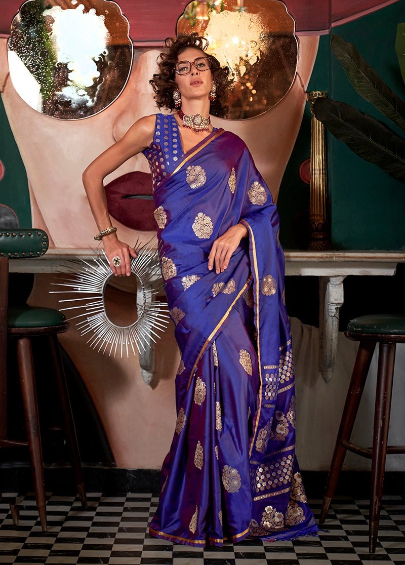 Monjolika Fashion Purple Pure Satin Silk Weaving Zari Classic Saree - Distacart