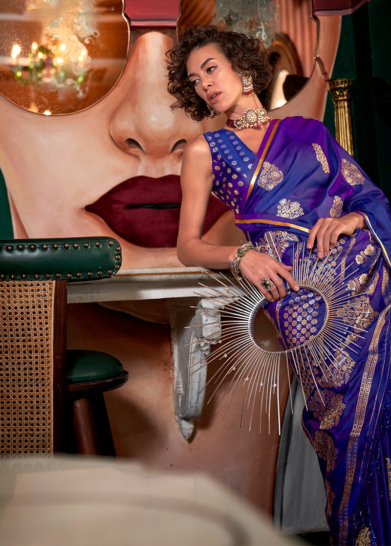 Monjolika Fashion Purple Pure Satin Silk Weaving Zari Classic Saree - Distacart
