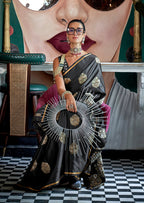 Monjolika Fashion Pure Satin Silk Black Weaving Zari Contemporary Saree