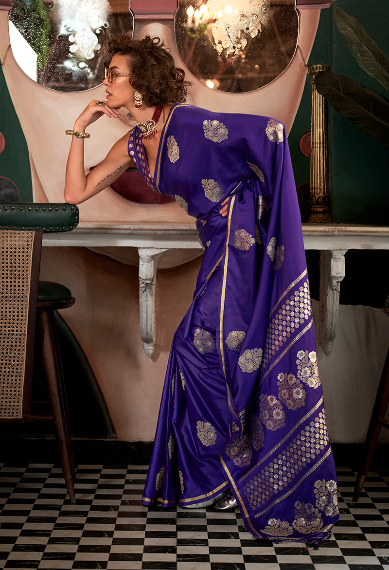 Monjolika Fashion Weaving Zari Pure Satin Silk Classic Saree In Purple