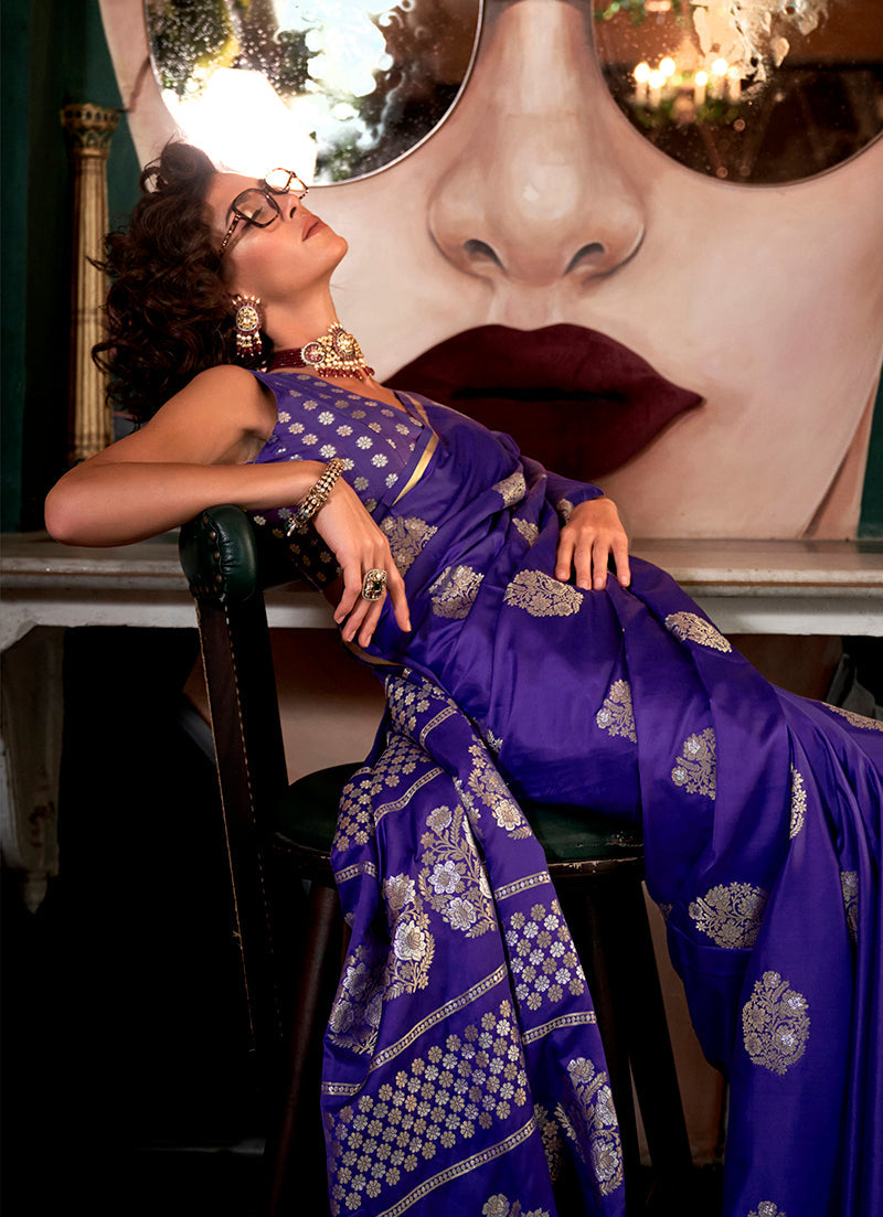 Monjolika Fashion Weaving Zari Pure Satin Silk Classic Saree In Purple
