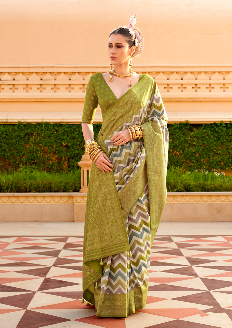 Monjolika Fashion Silk Olive Foil Print Classic Saree - Distacart