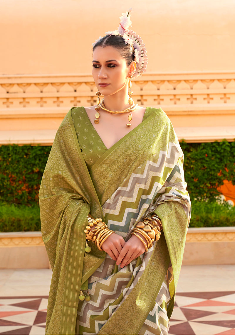 Monjolika Fashion Silk Olive Foil Print Classic Saree - Distacart