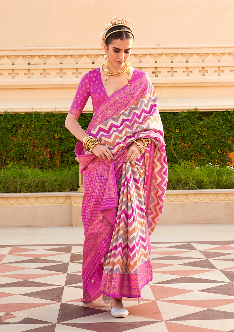 Monjolika Fashion Silk Magenta Foil Print Contemporary Saree - Distacart
