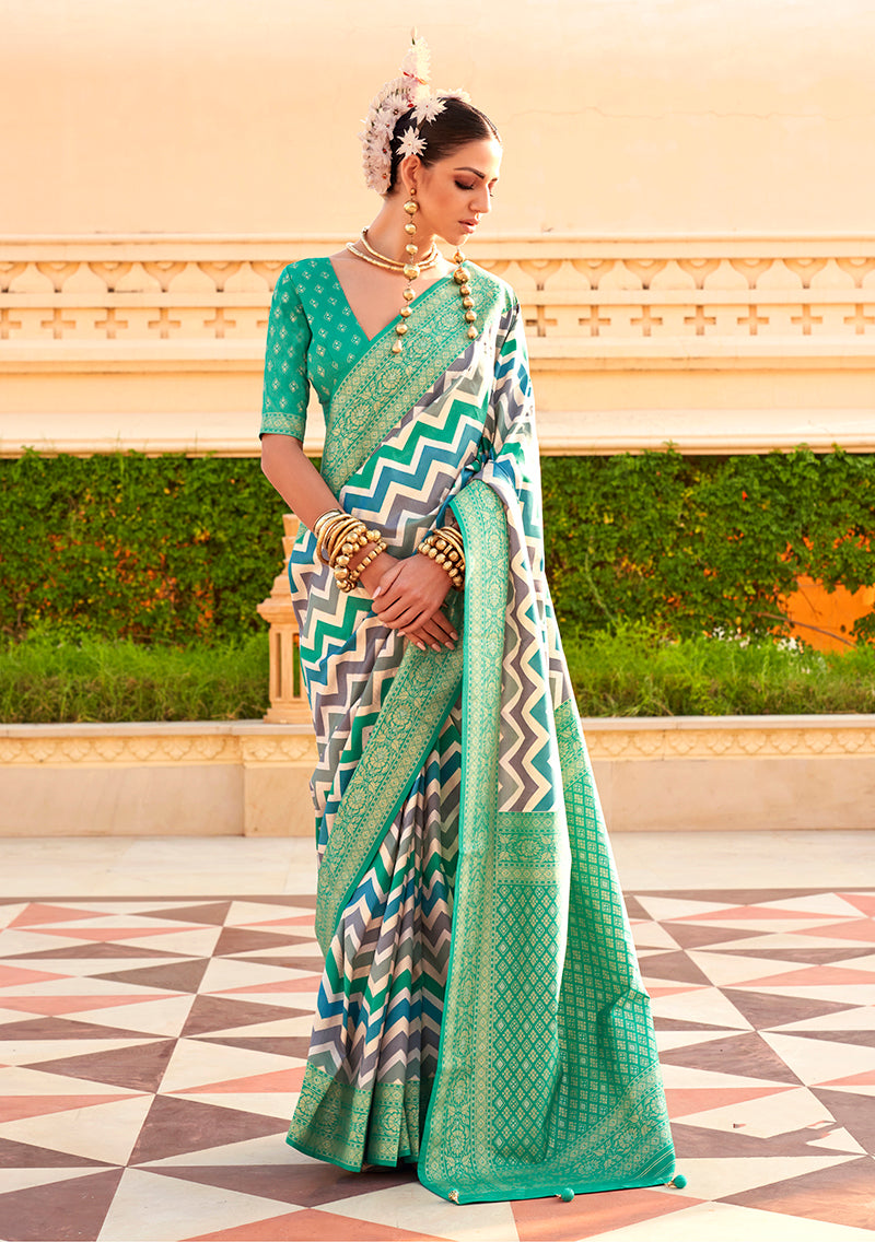 Monjolika Fashion Silk Turquoise Color Foliage Prints Saree - Distacart