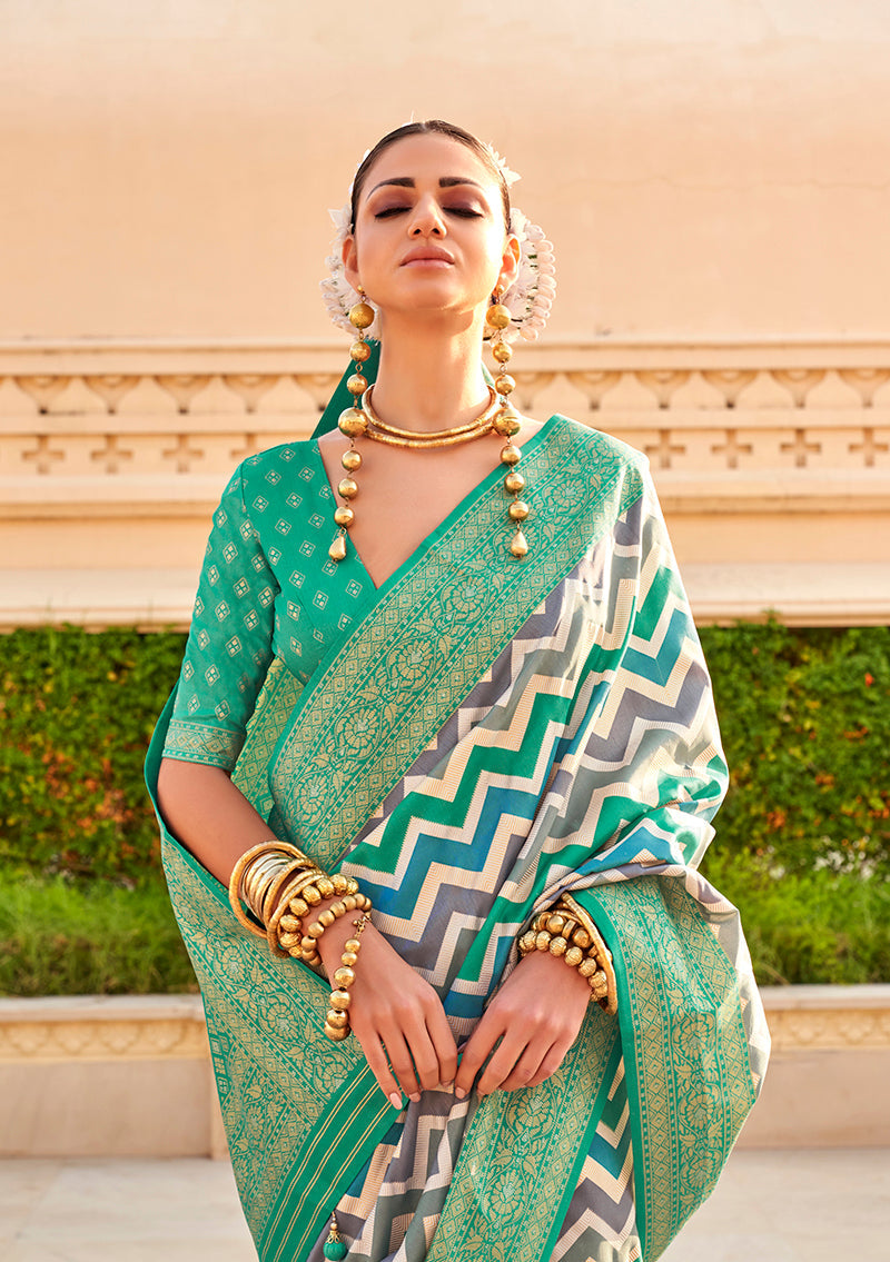 Monjolika Fashion Silk Turquoise Color Foliage Prints Saree - Distacart