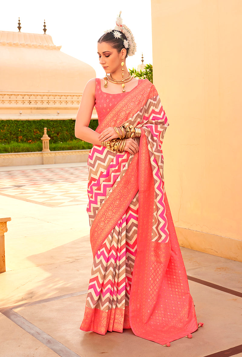 Monjolika Fashion Silk Peach Foil Print Trendy Saree - Distacart
