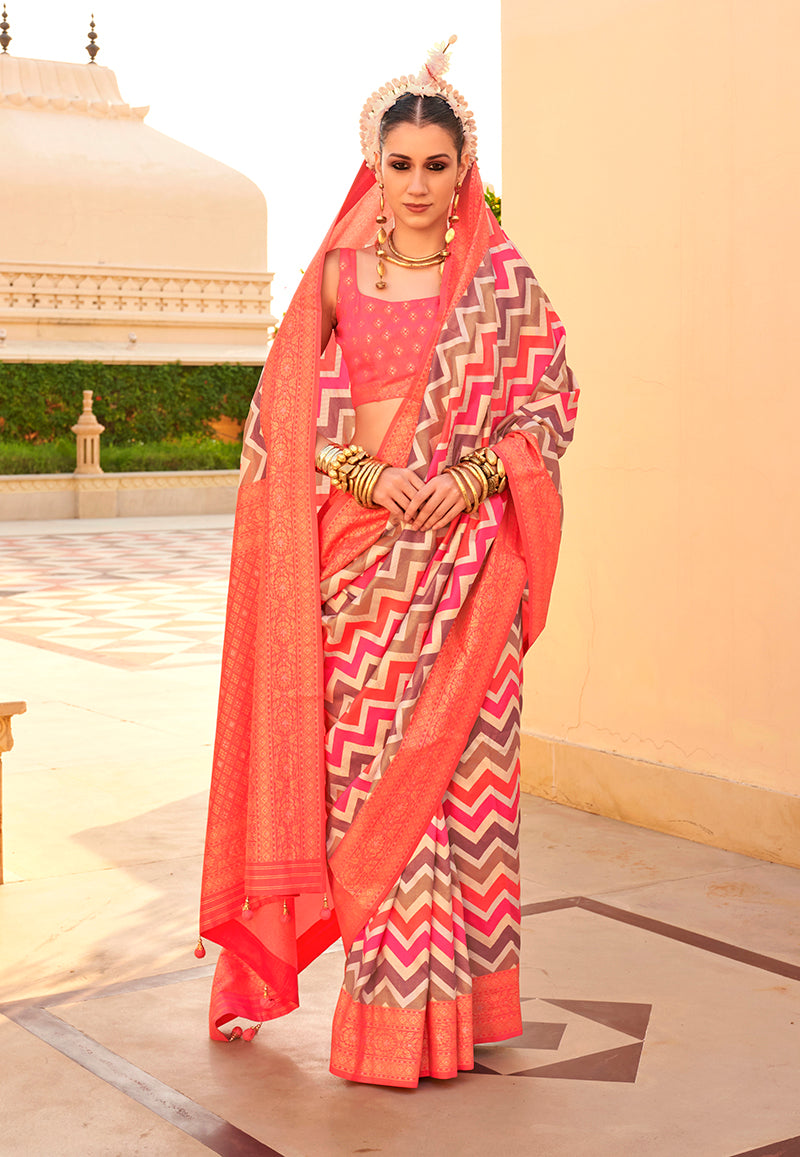 Monjolika Fashion Silk Peach Foil Print Trendy Saree - Distacart