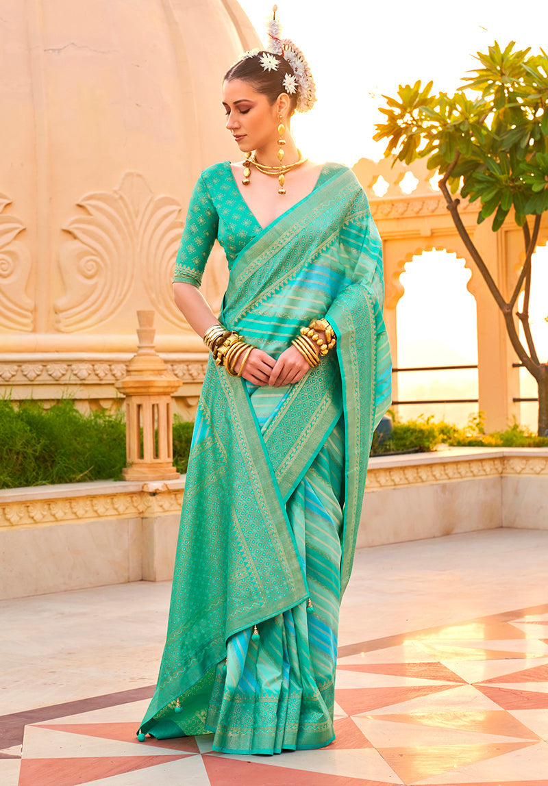 Monjolika Fashion Foil Print Turquoise Contemporary Silk Saree - Distacart