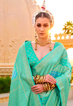 Monjolika Fashion Foil Print Turquoise Contemporary Silk Saree - Distacart