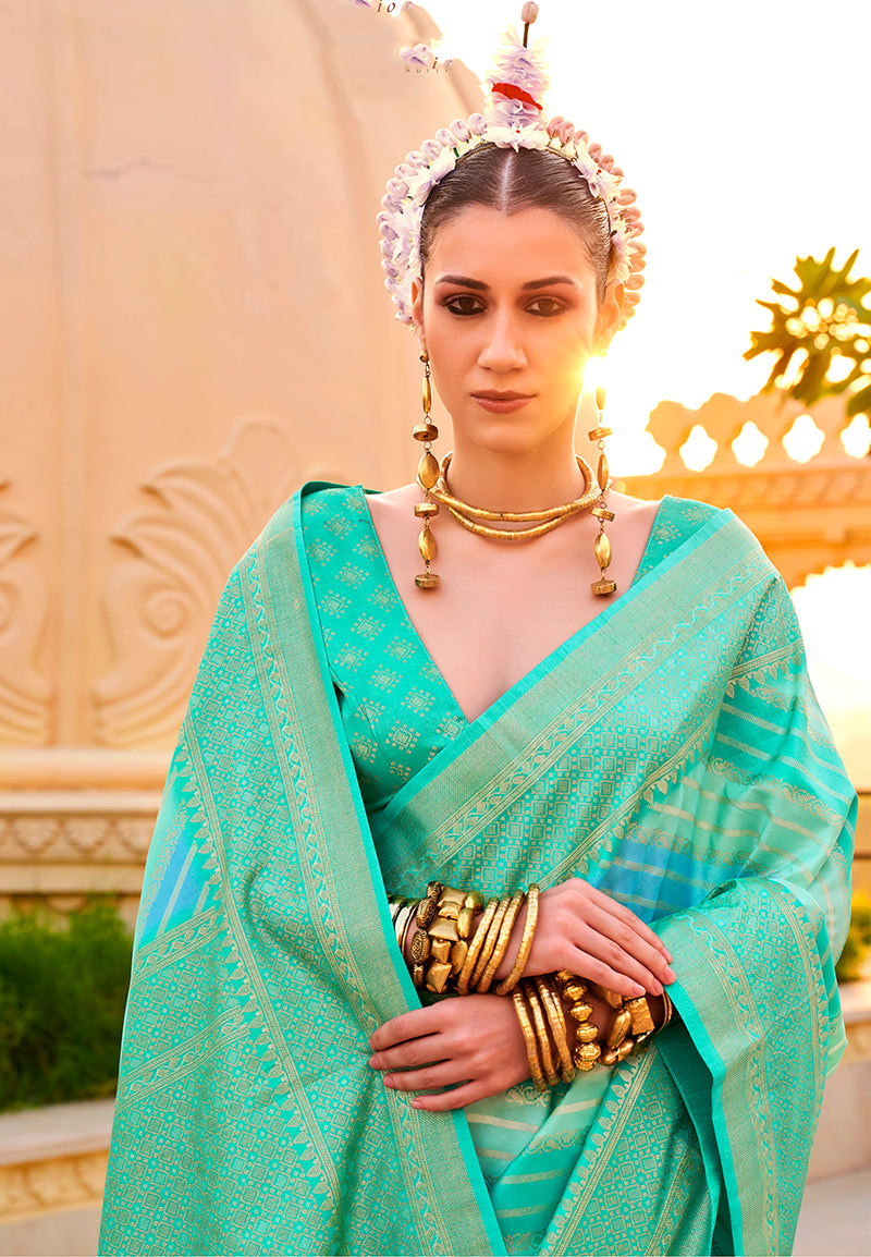 Monjolika Fashion Foil Print Turquoise Contemporary Silk Saree - Distacart