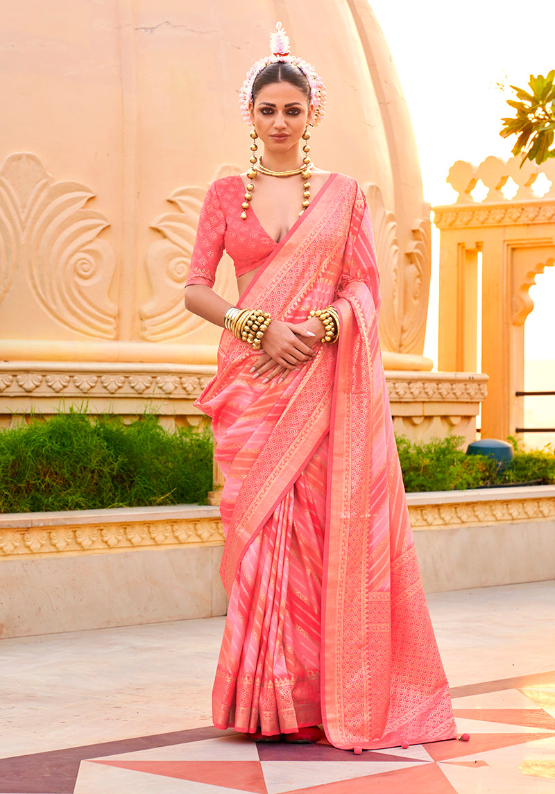 Monjolika Fashion Foil Print Peach Silk Ceremonial Saree - Distacart