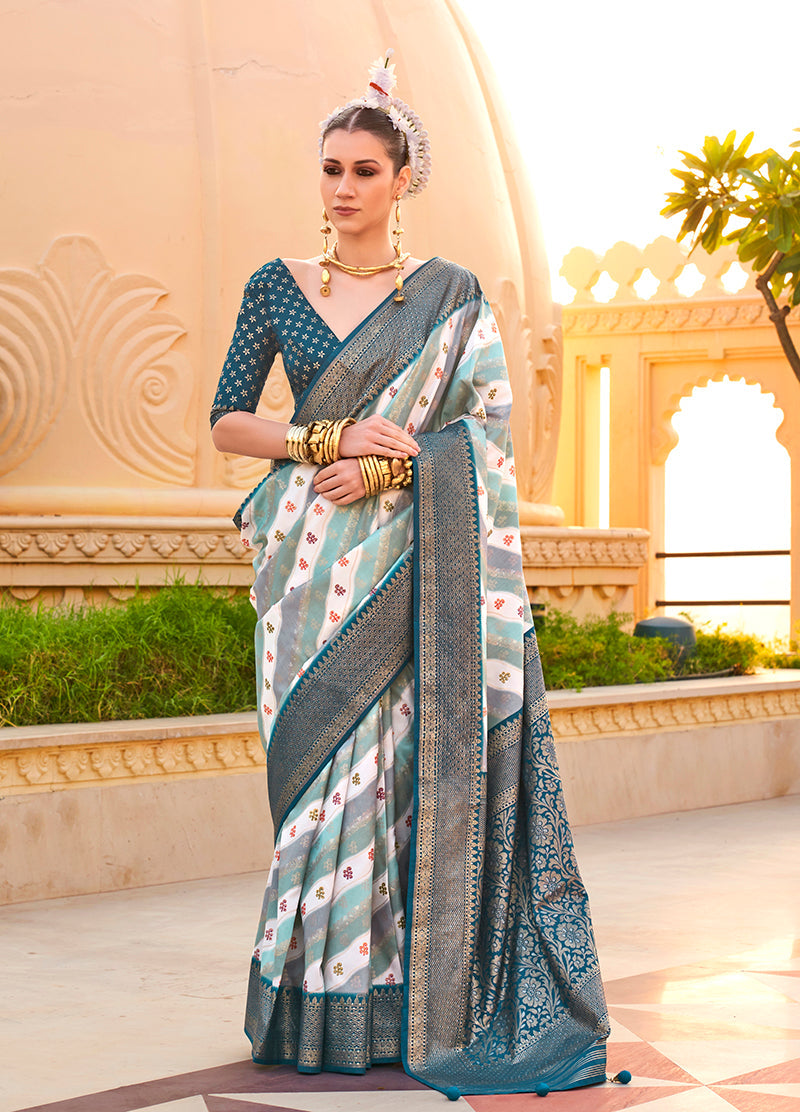 Monjolika Fashion Saree Foil Print Silk In Teal - Distacart