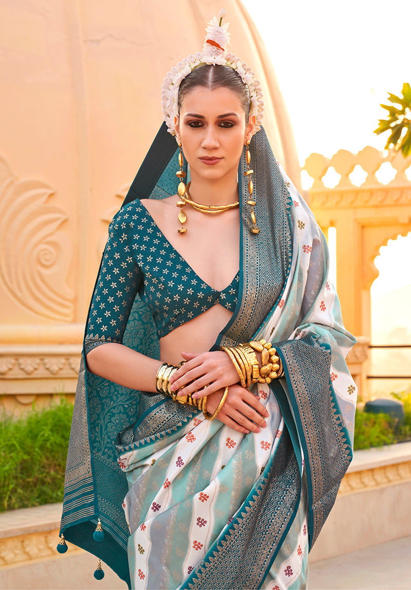 Monjolika Fashion Saree Foil Print Silk In Teal - Distacart