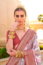 Monjolika Fashion Maroon Ceremonial Foliage Prints Trendy Silk Saree - Distacart