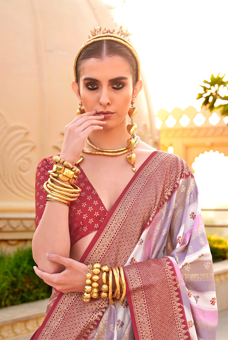 Monjolika Fashion Maroon Ceremonial Foliage Prints Trendy Silk Saree - Distacart