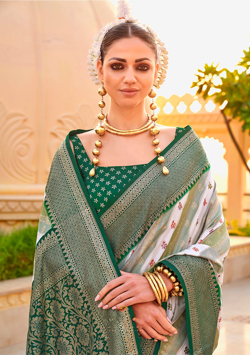 Monjolika Fashion Green Silk Foil Print Classic Saree - Distacart