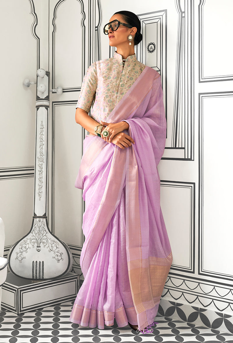 Monjolika Fashion Lavender Chiffon Weaving Trendy Saree