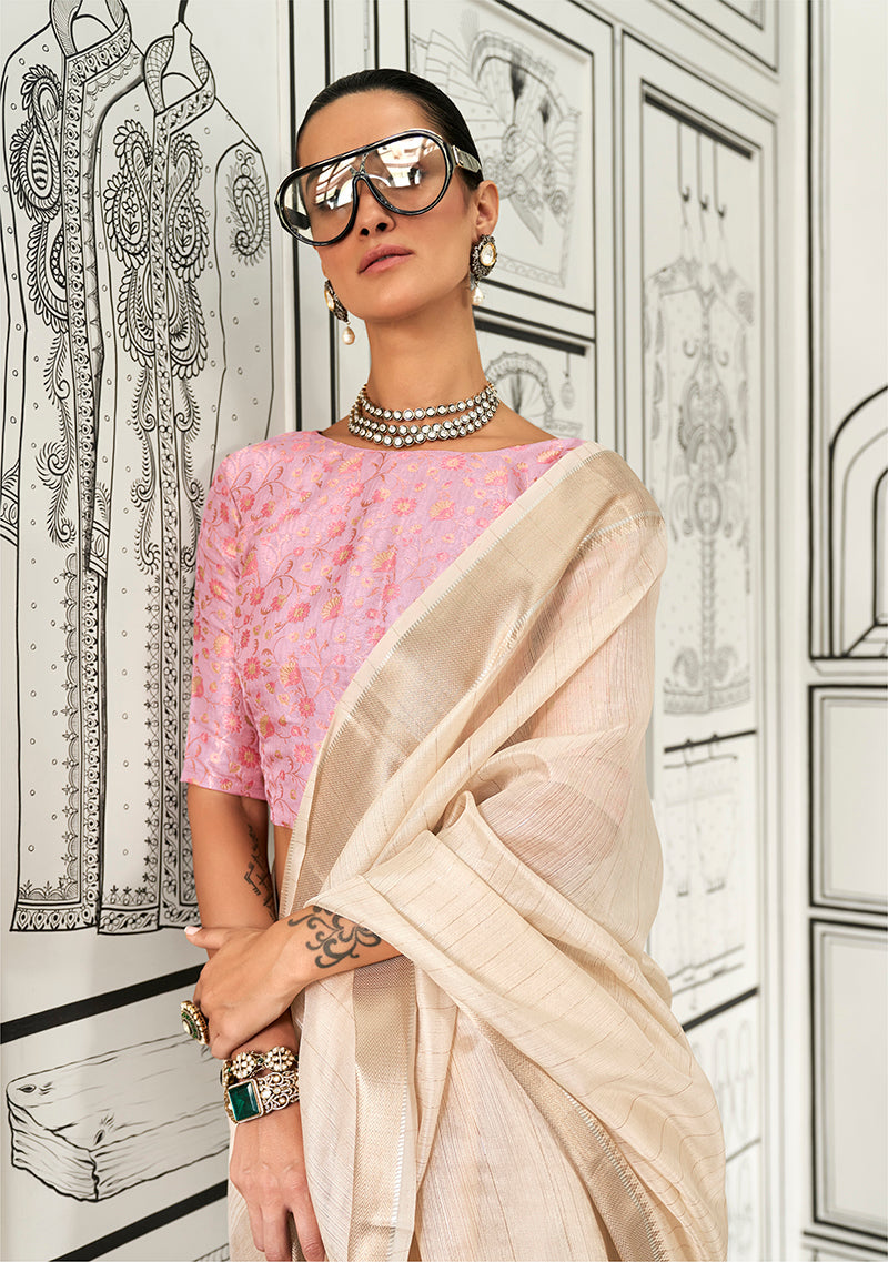 Monjolika Fashion Cream Chiffon Weaving Contemporary Saree