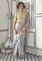 Monjolika Fashion Chiffon Grey Weaving Traditional Saree - Distacart