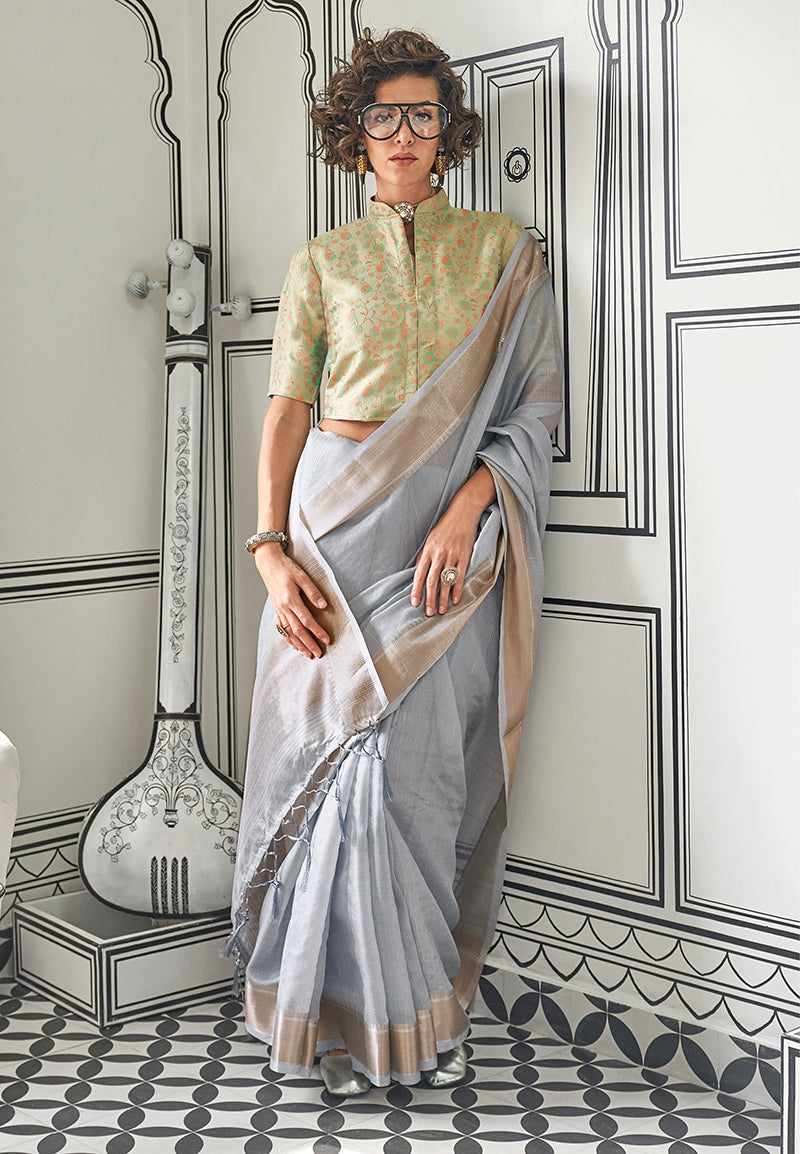 Monjolika Fashion Chiffon Grey Weaving Traditional Saree - Distacart