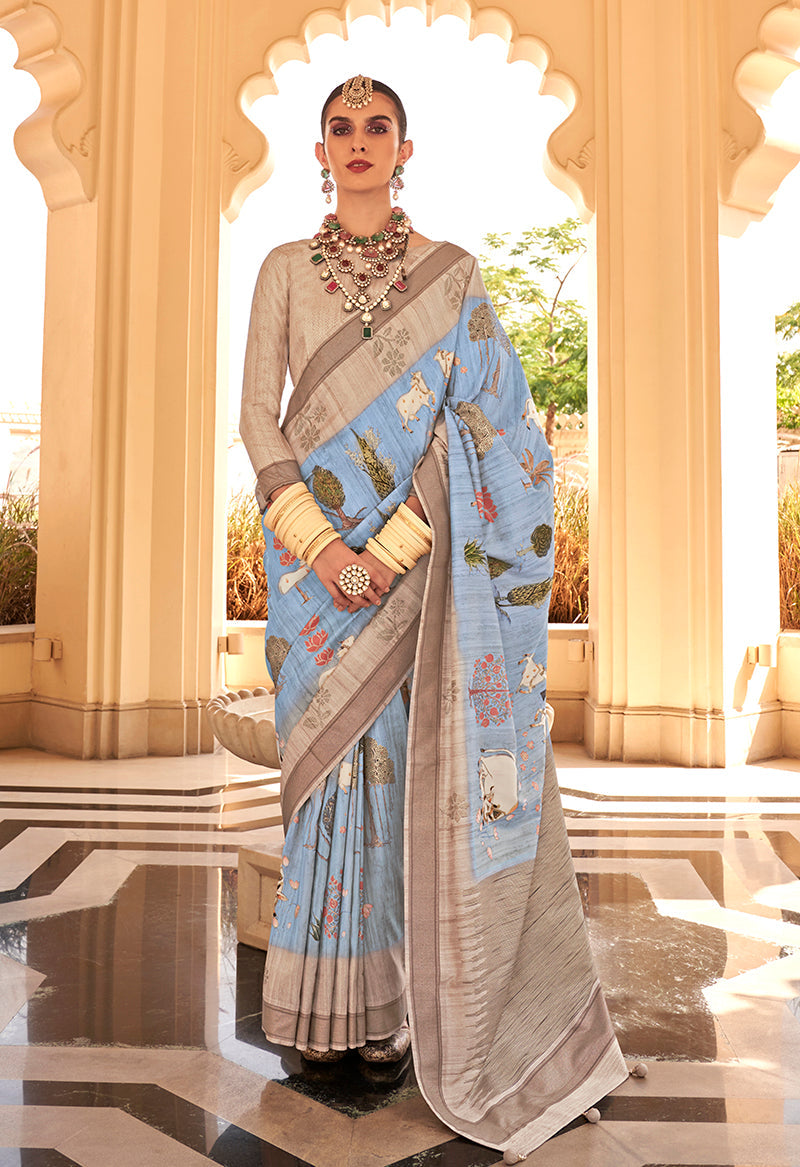 Monjolika Fashion Raw Silk Aqua Blue Foliage Prints Classic Saree - Distacart
