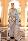 Monjolika Fashion Raw Silk Aqua Blue Foliage Prints Classic Saree - Distacart