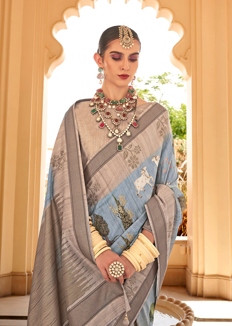 Monjolika Fashion Raw Silk Aqua Blue Foliage Prints Classic Saree - Distacart