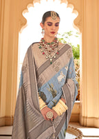 Monjolika Fashion Raw Silk Aqua Blue Foliage Prints Classic Saree - Distacart
