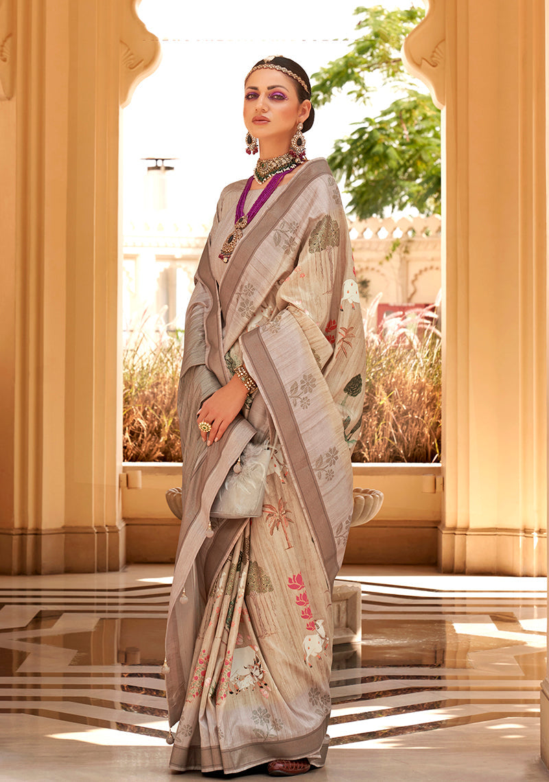 Monjolika Fashion Cream Foil Print Raw Silk Contemporary Saree - Distacart