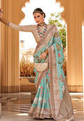 Monjolika Fashion Raw Silk Foliage Prints Turquoise Traditional Saree - Distacart