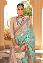 Monjolika Fashion Raw Silk Foliage Prints Turquoise Traditional Saree - Distacart