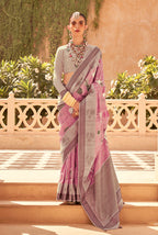 Monjolika Fashion Pink Raw Silk Foliage Prints Trendy Saree - Distacart