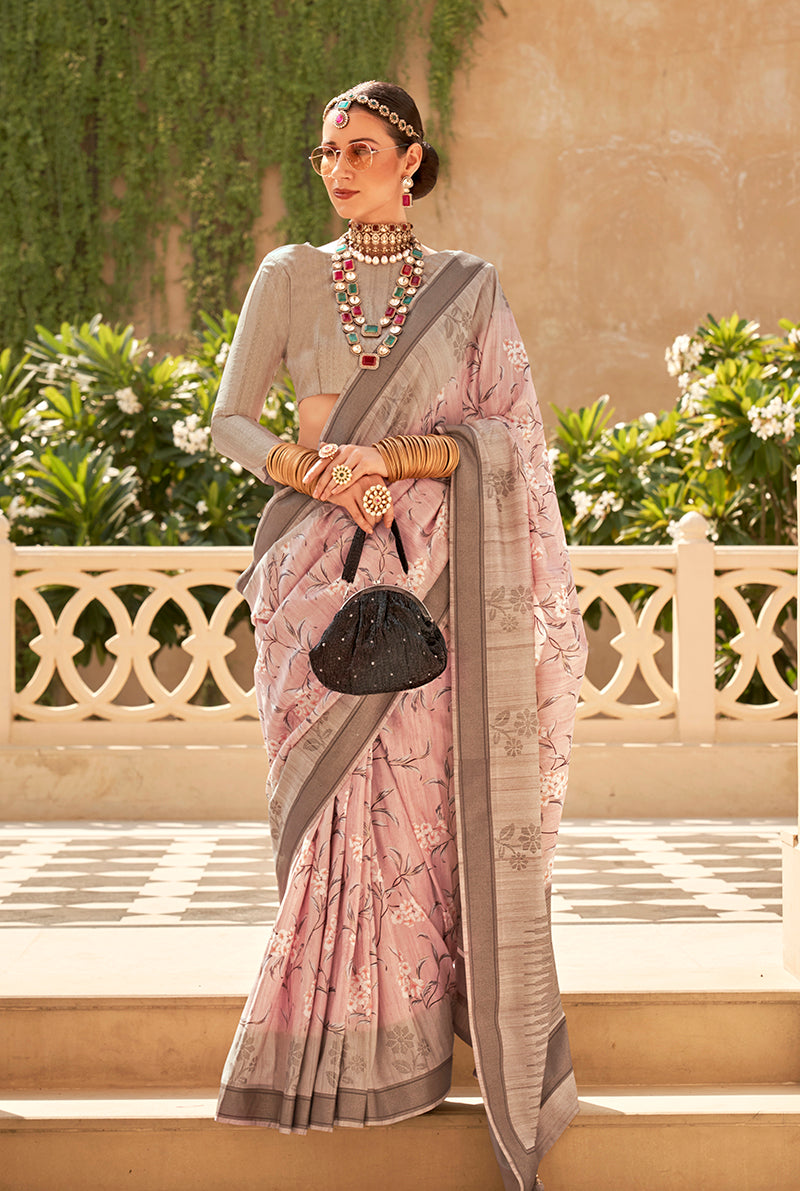 Monjolika Fashion Light Pink Foil Print Raw Silk Classic Saree - Distacart