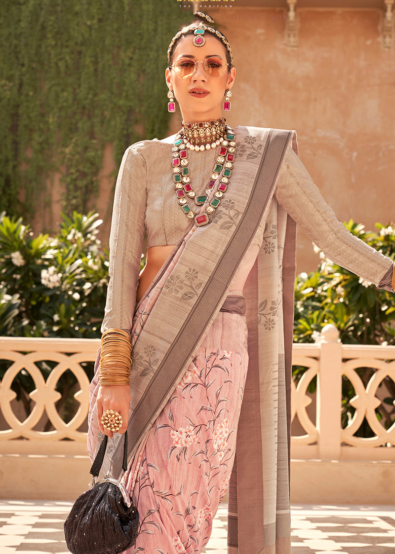 Monjolika Fashion Light Pink Foil Print Raw Silk Classic Saree - Distacart