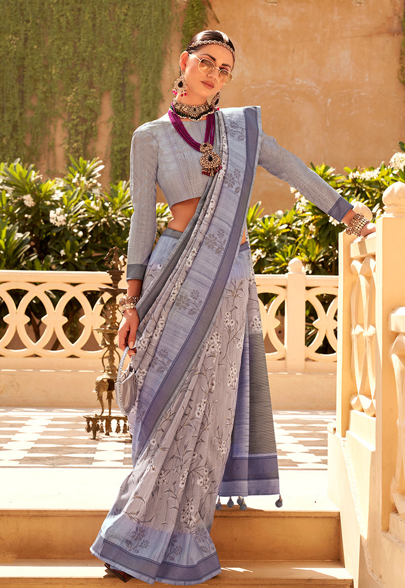 Monjolika Fashion Raw Silk Grey Foliage Prints Classic Saree - Distacart