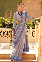 Monjolika Fashion Raw Silk Grey Foliage Prints Classic Saree - Distacart