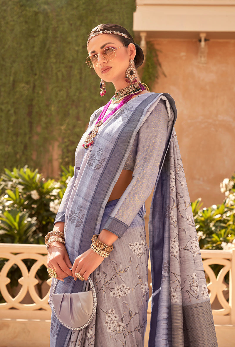 Monjolika Fashion Raw Silk Grey Foliage Prints Classic Saree - Distacart