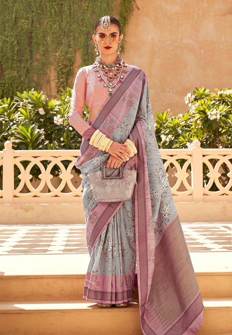 Monjolika Fashion Raw Silk Multi Colour Foliage Prints Contemporary Saree - Distacart