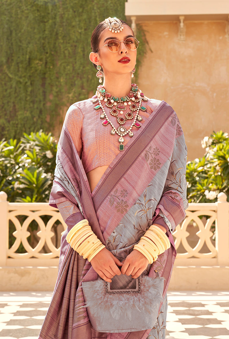 Monjolika Fashion Raw Silk Multi Colour Foliage Prints Contemporary Saree - Distacart