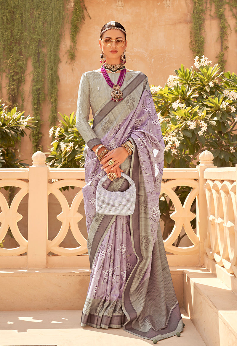 Monjolika Fashion Raw Silk Foliage Prints Lavender Traditional Saree - Distacart