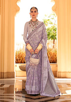 Monjolika Fashion Raw Silk Lavender Foliage Prints Classic Saree - Distacart