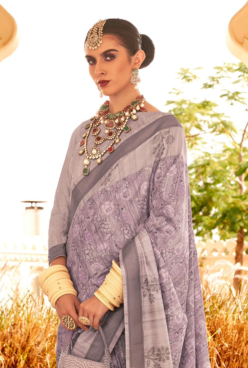 Monjolika Fashion Raw Silk Lavender Foliage Prints Classic Saree - Distacart